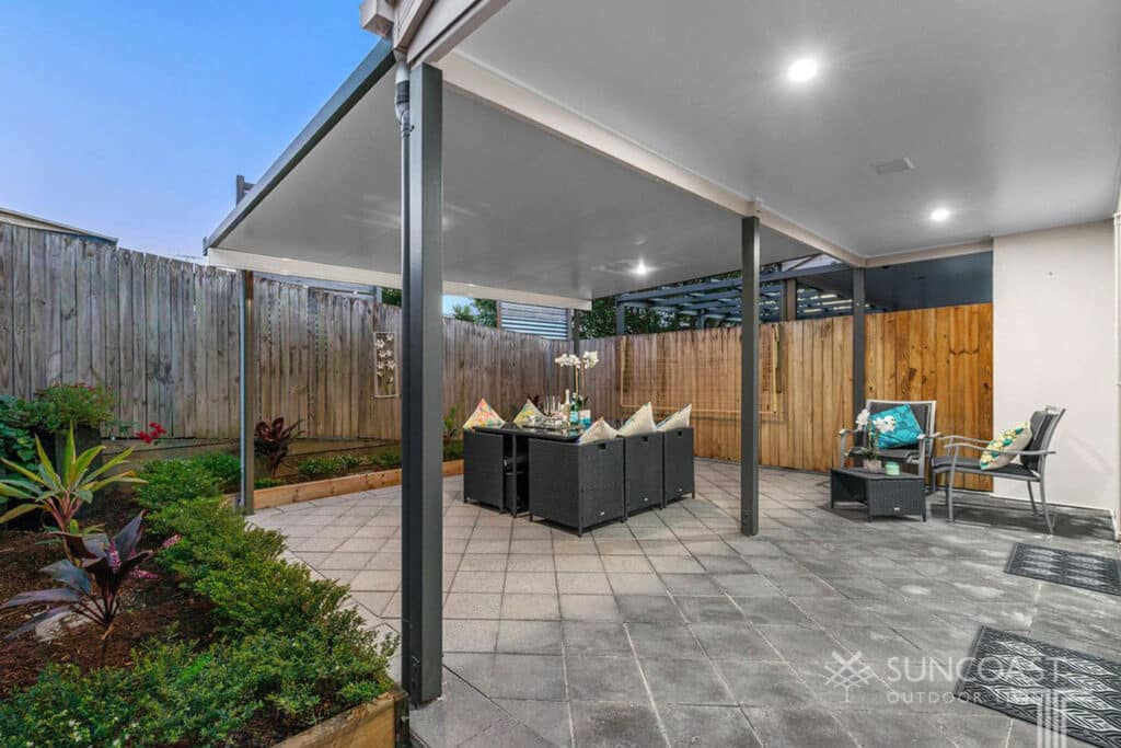 Early evening photo of a brand new patio.